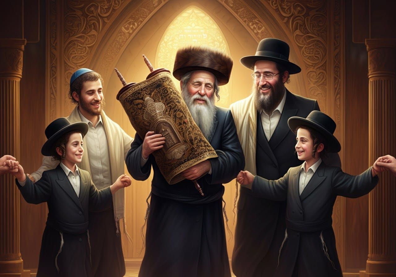 Jubilant Jewish Dance Circle with Torah Scroll