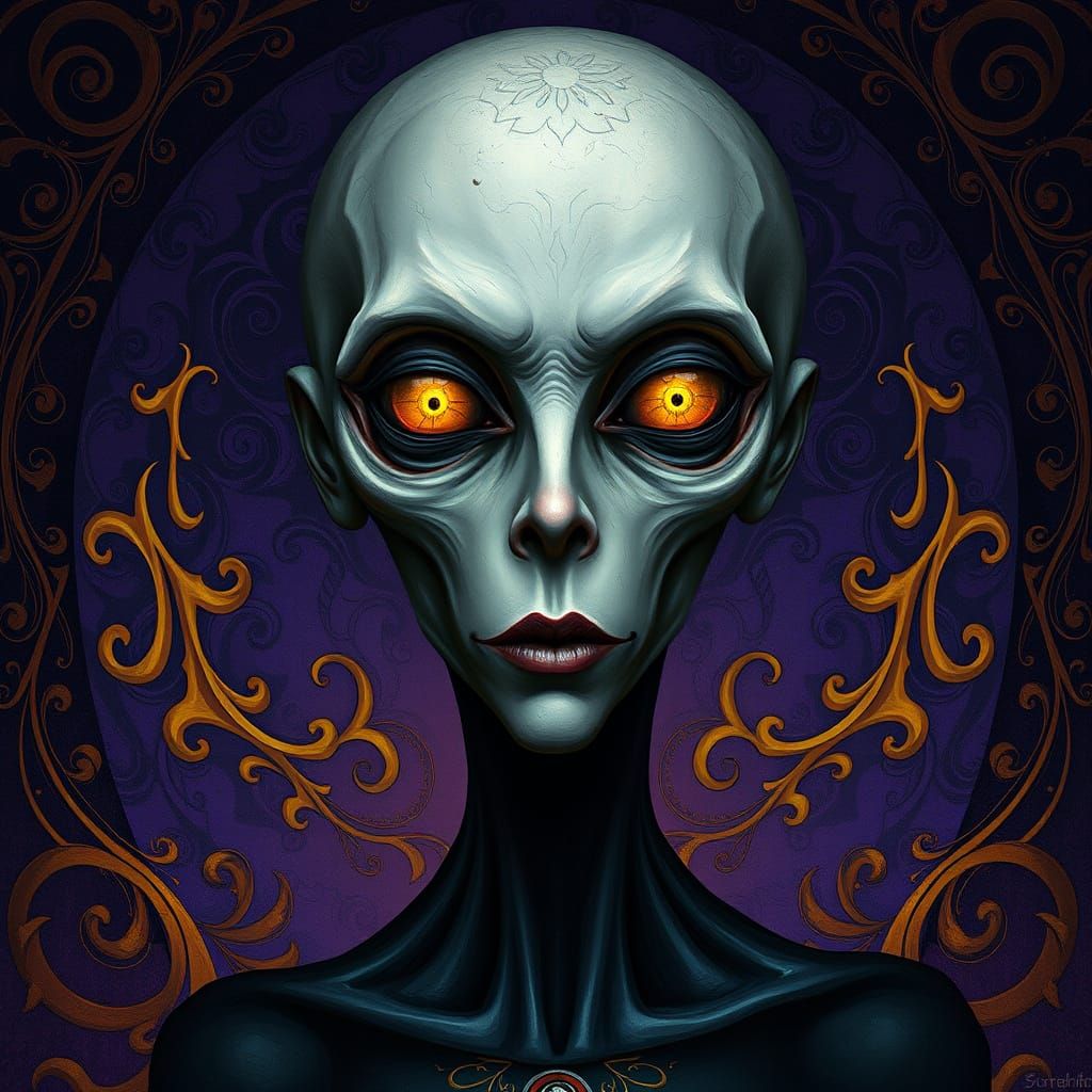 Dark Fantasy Portrait in Art Nouveau and Cyberpunk Style