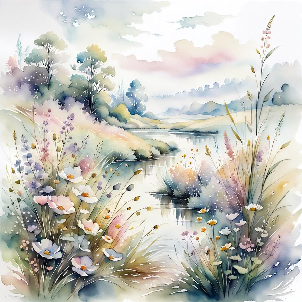 Delicate Watercolor Wildflower Meadow in Pastel Colors