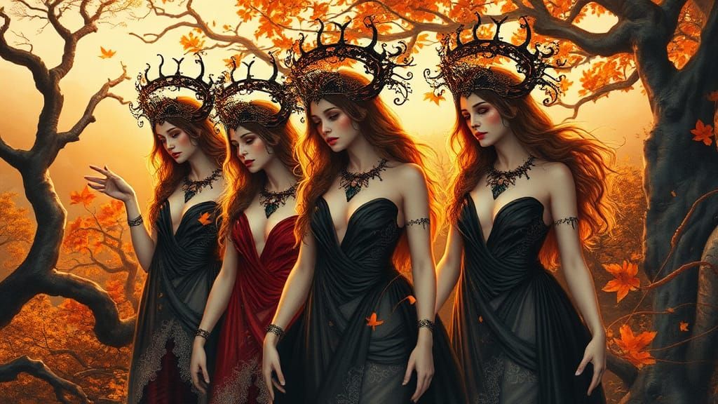 Goddesses in Art Deco Autumn Landscape