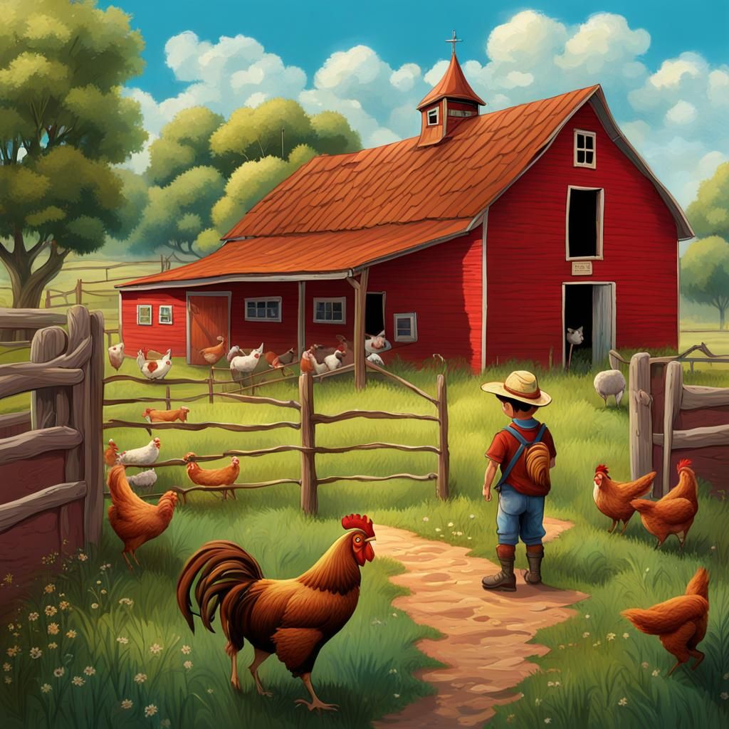 Farmhouse Scene with Animals and Boy in Matte Painting