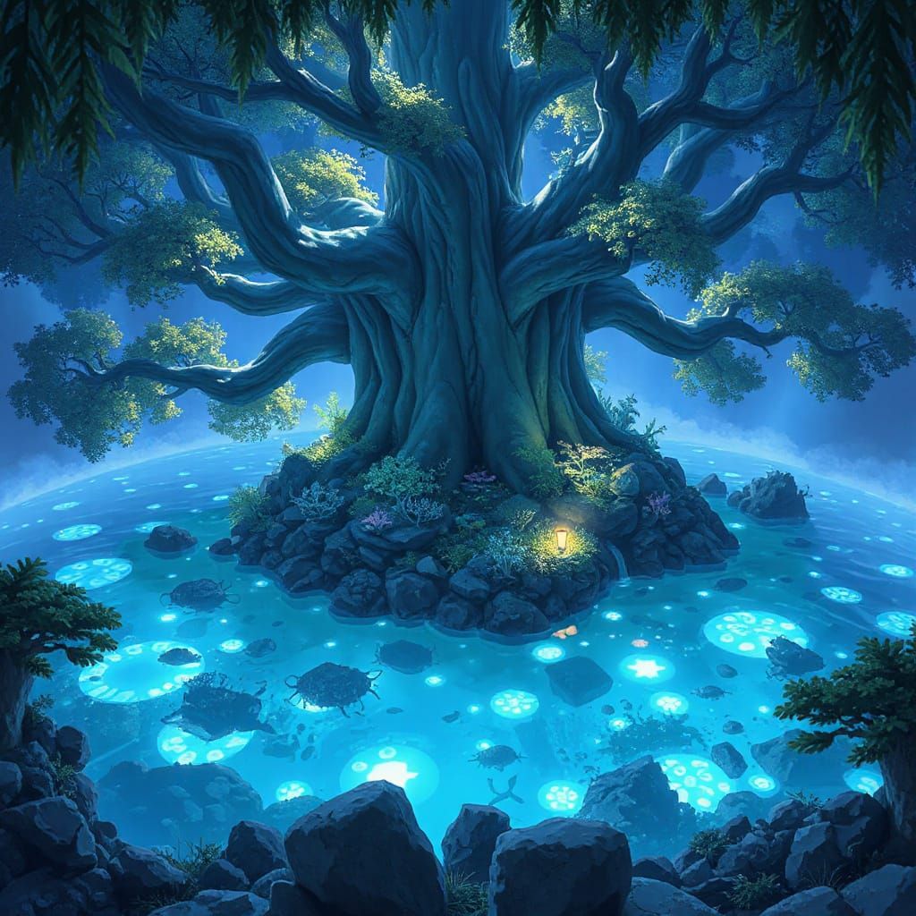 Bioluminescent Grotto in Giant Tree, Ghibli Style