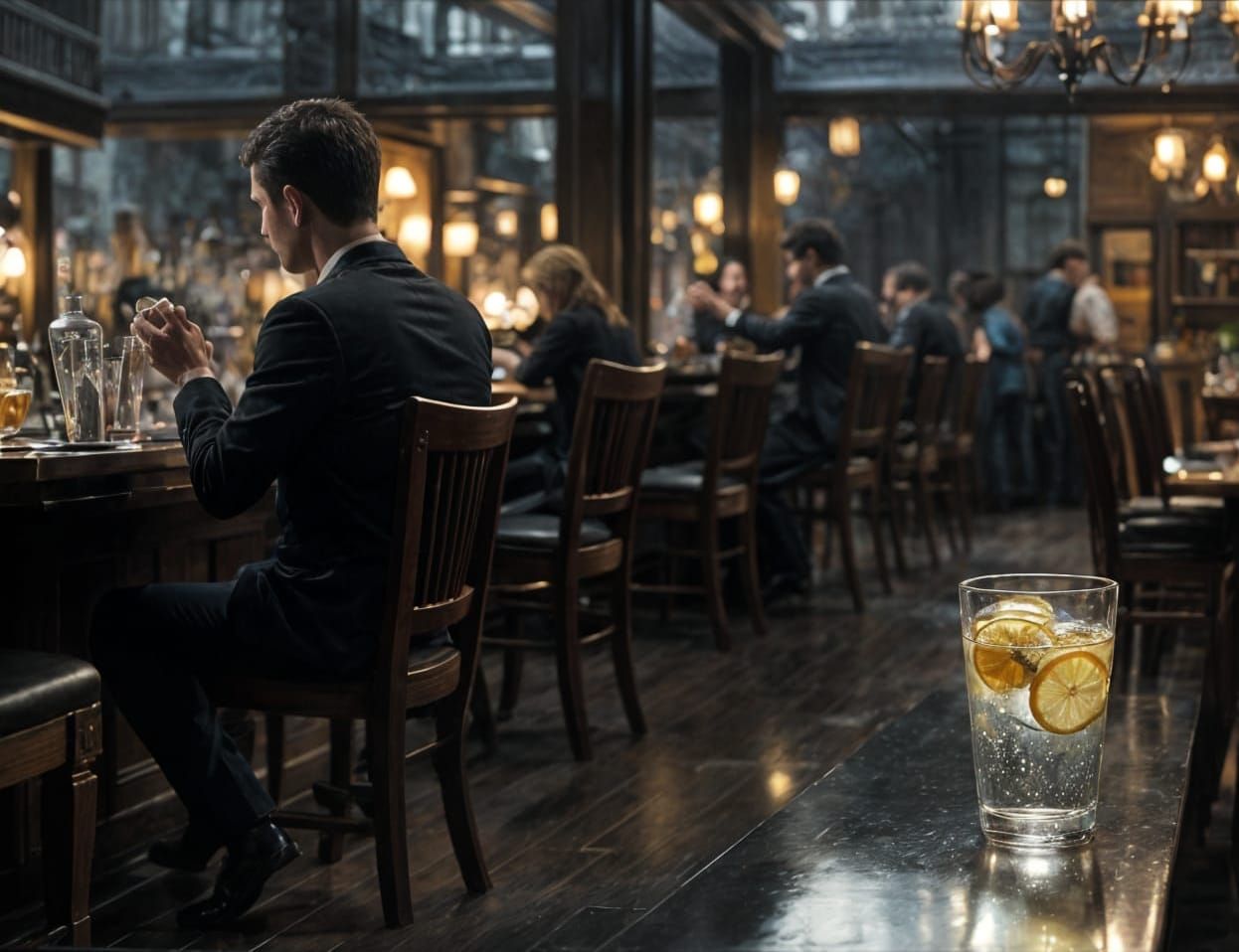 Water with Lemon in Dark Restaurant, 3D Render