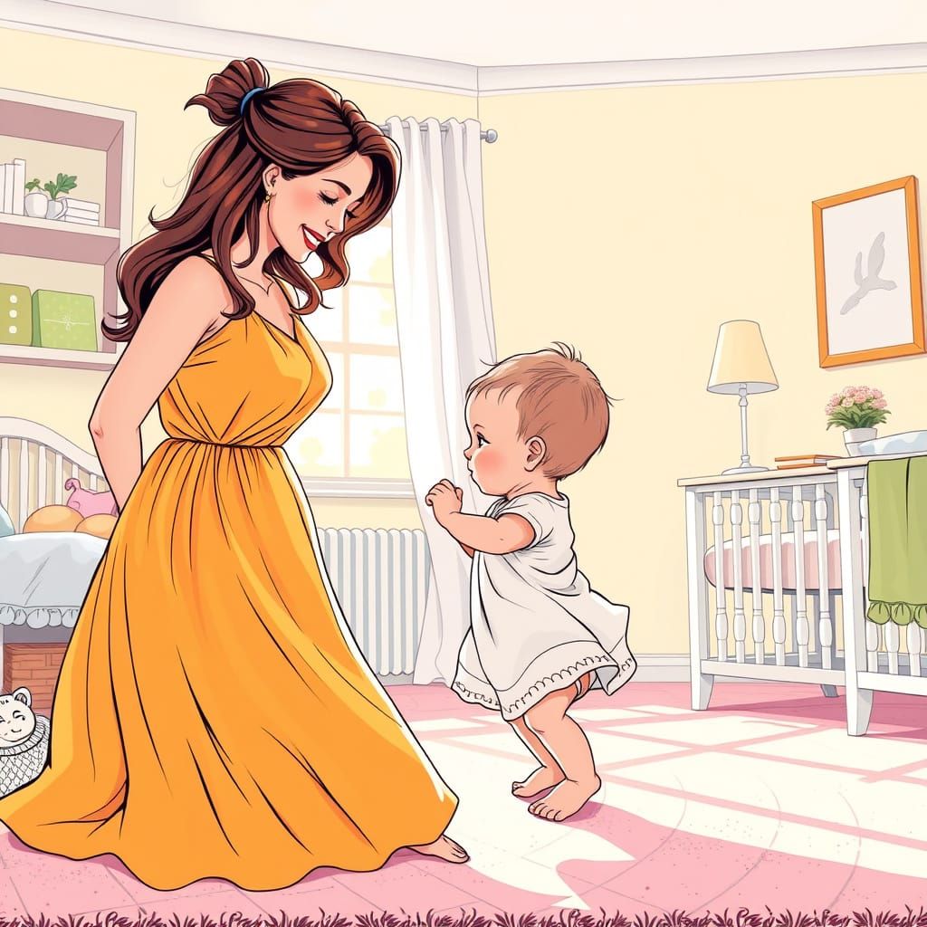 Mother's Joyful Moment in Cozy Nursery