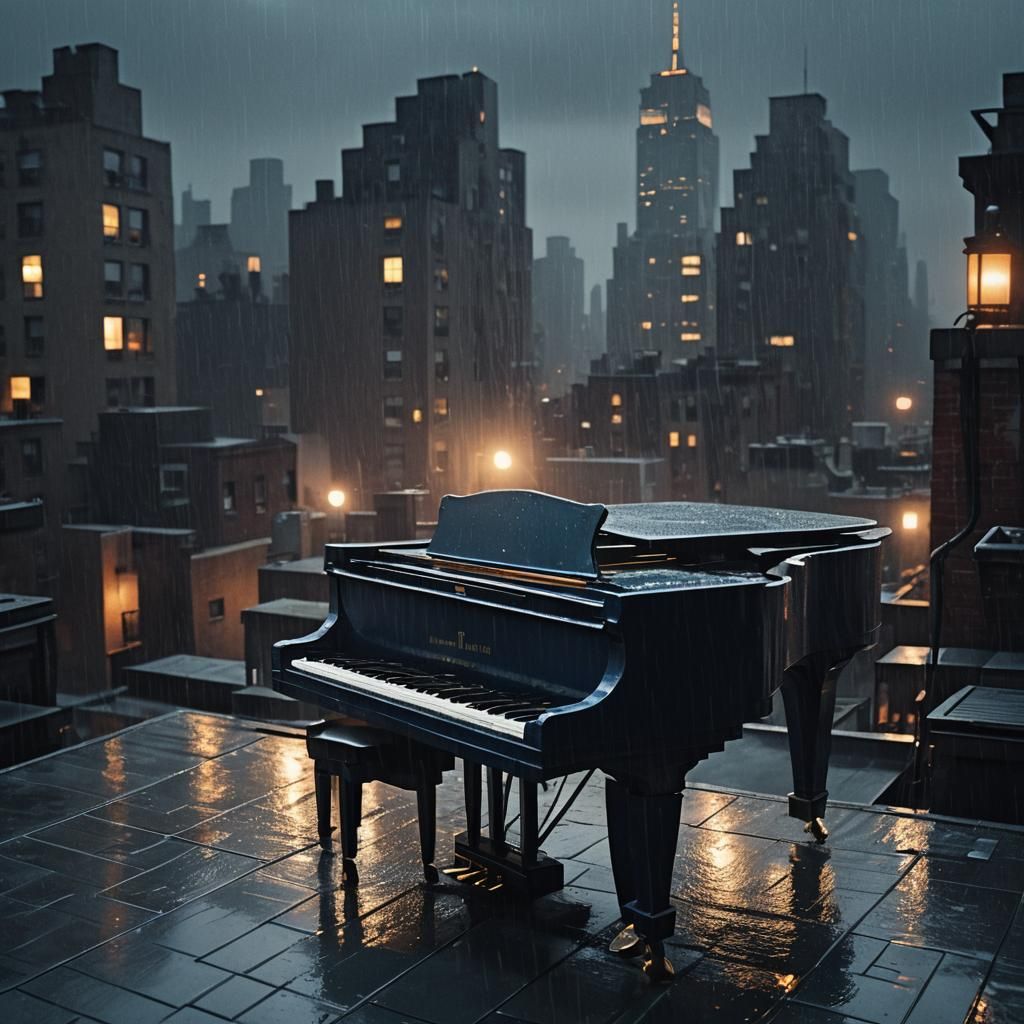 Blue Piano on Rainy Rooftop: Cinematic Film Still