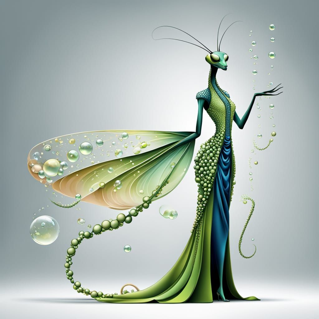 High Fashion Mantis in Bubble Gown: 3D Illustration