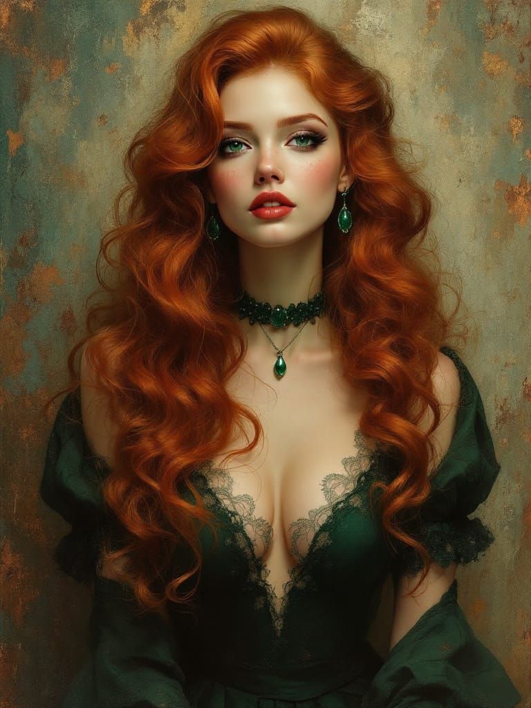 Pin-Up Woman with Red Hair and Emeralds in Atmospheric Style