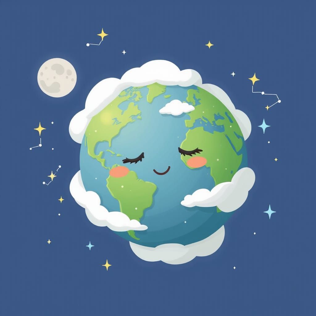 Cartoon Earth Sleeping Peacefully in Space
