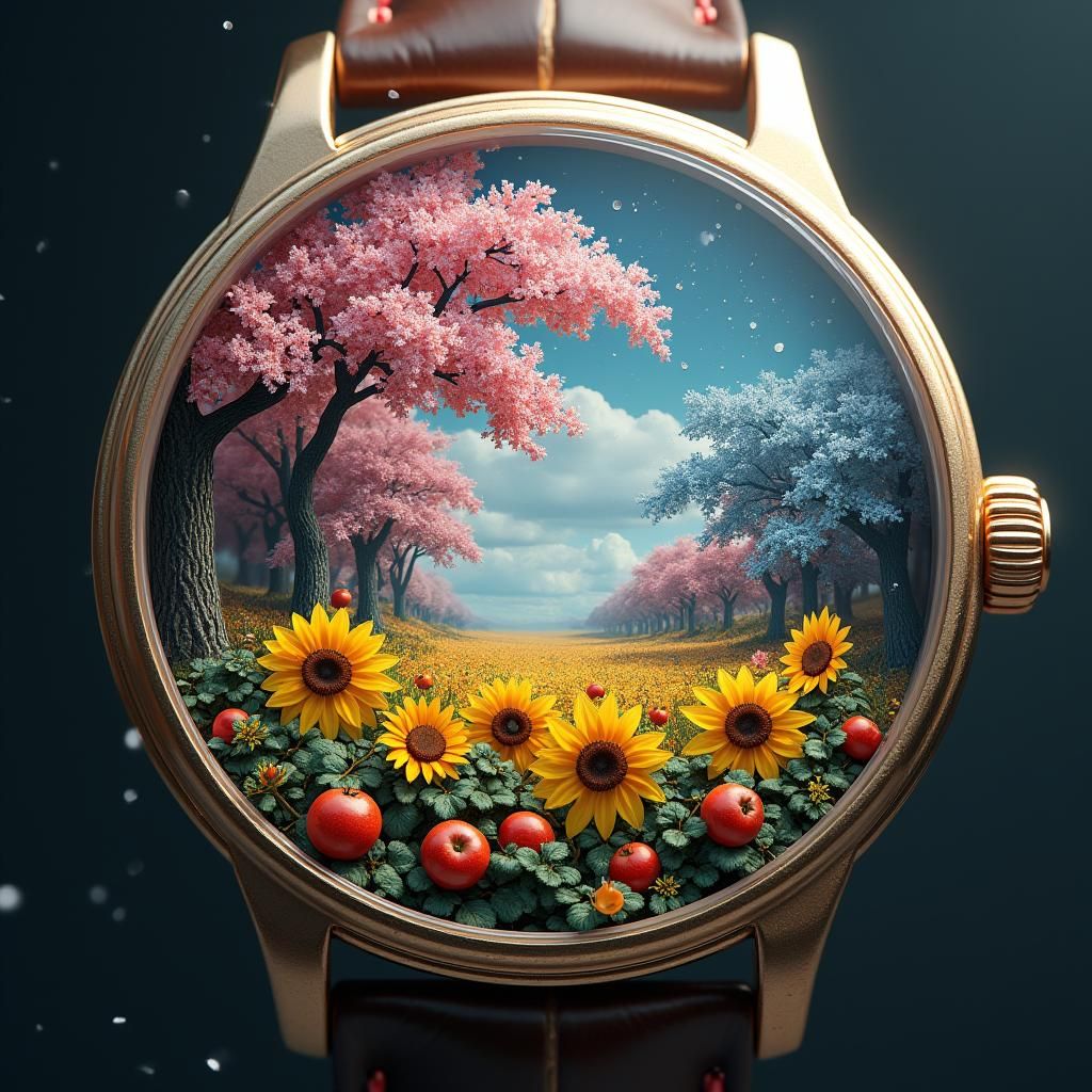 Mystical Timepiece with Changing Seasons, Digital Art