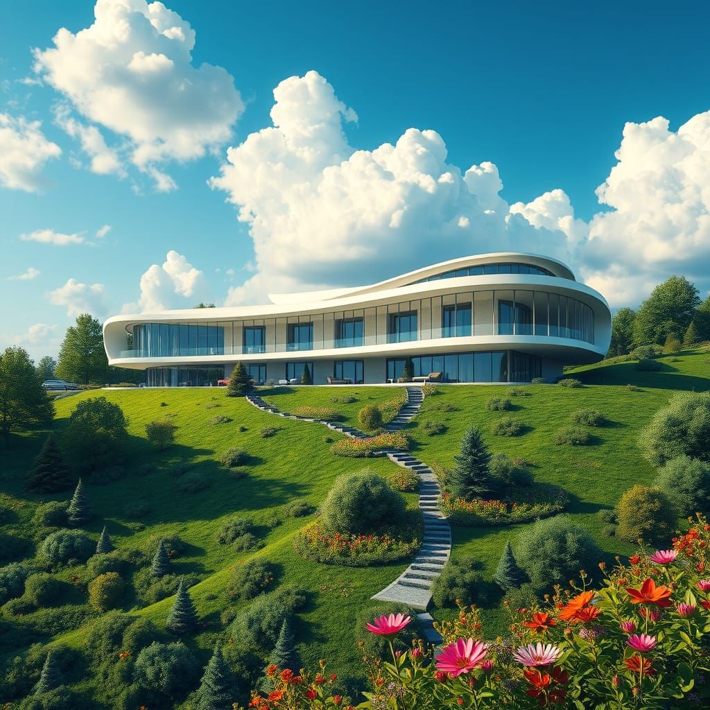 Modern Hilltop Mansion in a Vibrant, Emerald Landscape