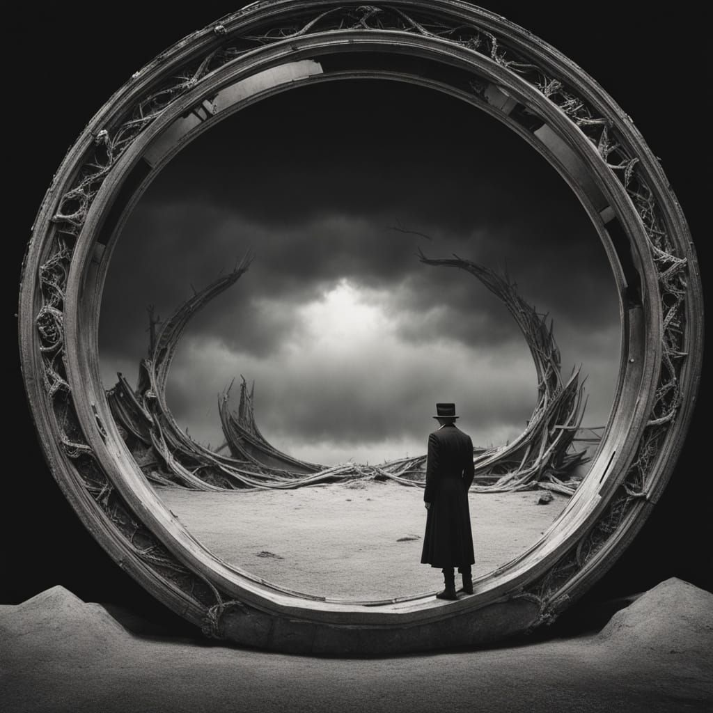 Surrealistic Landscape with Ancient Mirror and Twisted Wheel