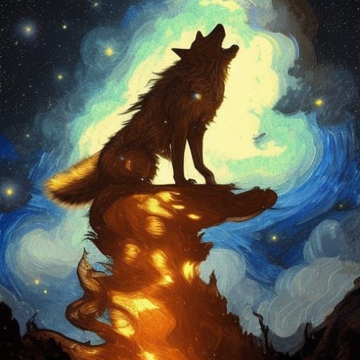 Demon Wolf Portrait in Starry Night, Digital Art