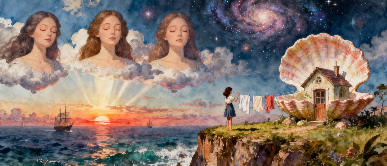 Surreal Art: Girl, Seashell House, Giant Women in Sky
