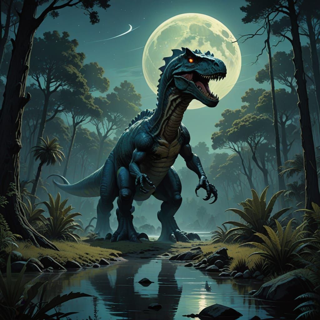 Allosaurus Hunting Stegosaurus in Jurassic Forest