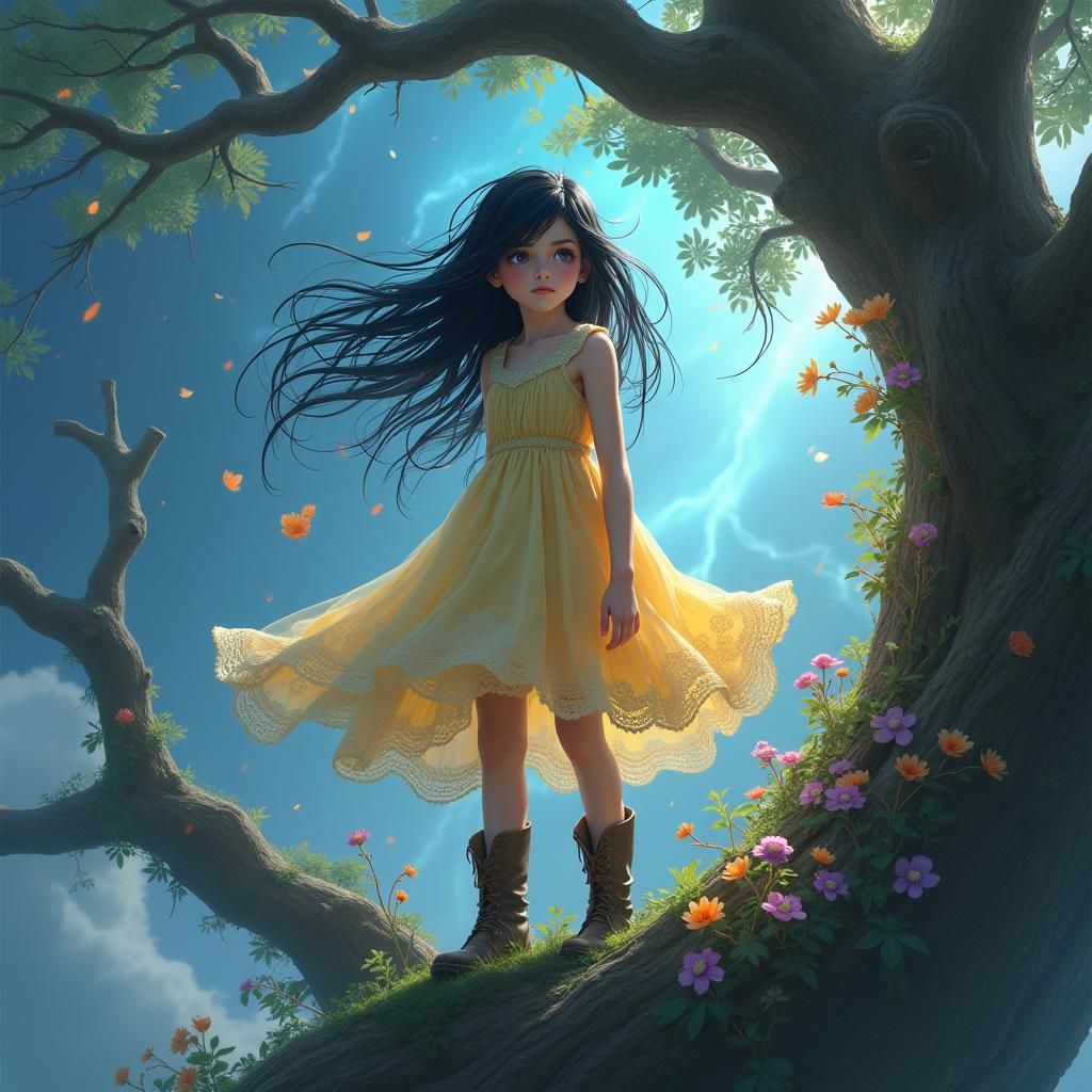 Girl on Cosmic Tree Branch in Aurora Storm