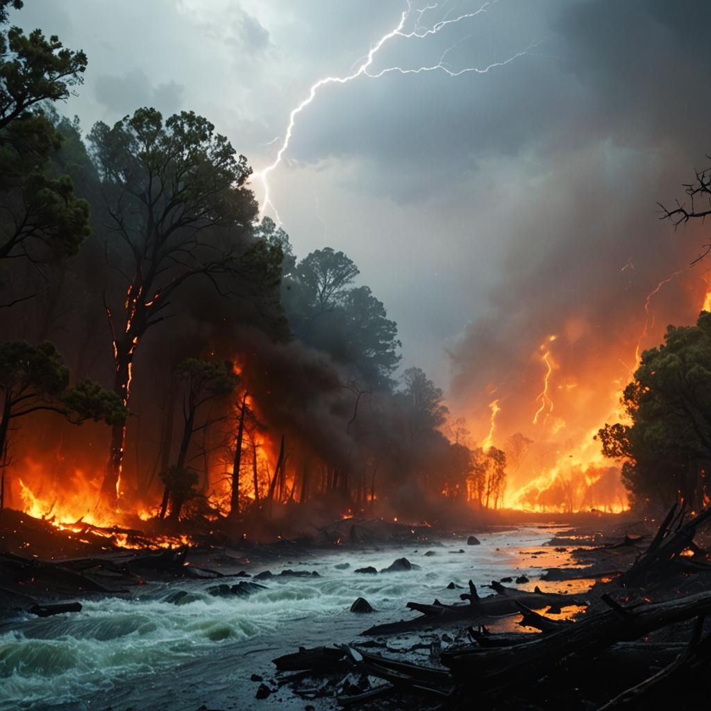 Wildfire Ravaged Forest with Lightning, Digital Matte Painti...