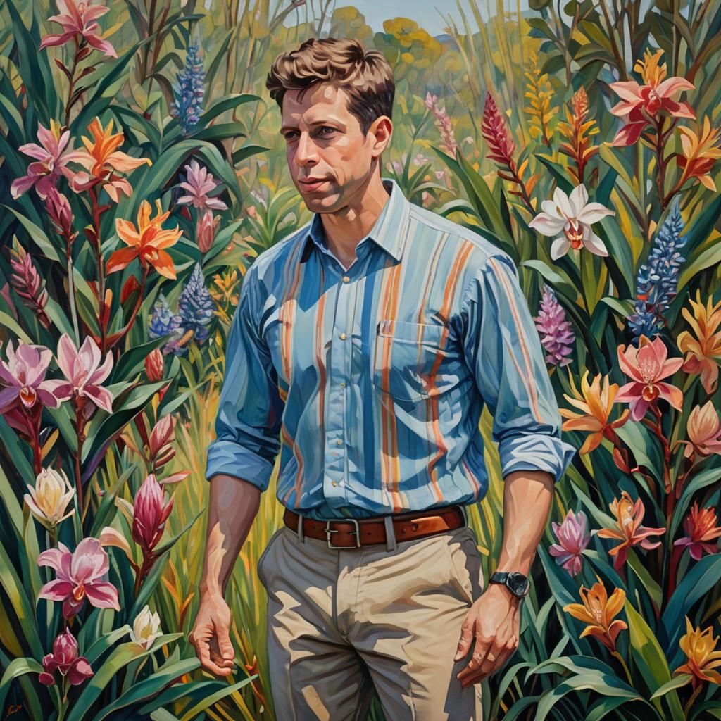 Sam Altman with a striped blue shirt biceps showing and tan khakis in a meadow of proteas and orchids