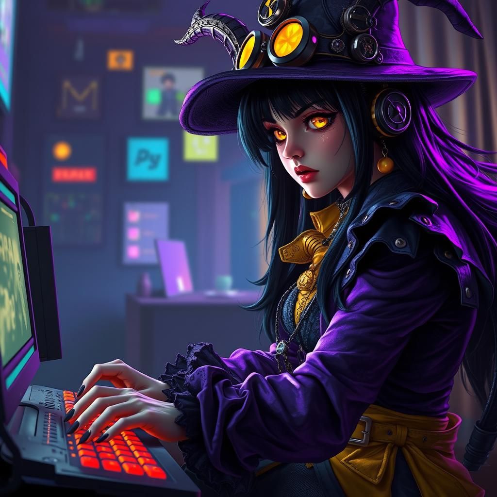 Gothic Steampunk Witch Playing Video Games
