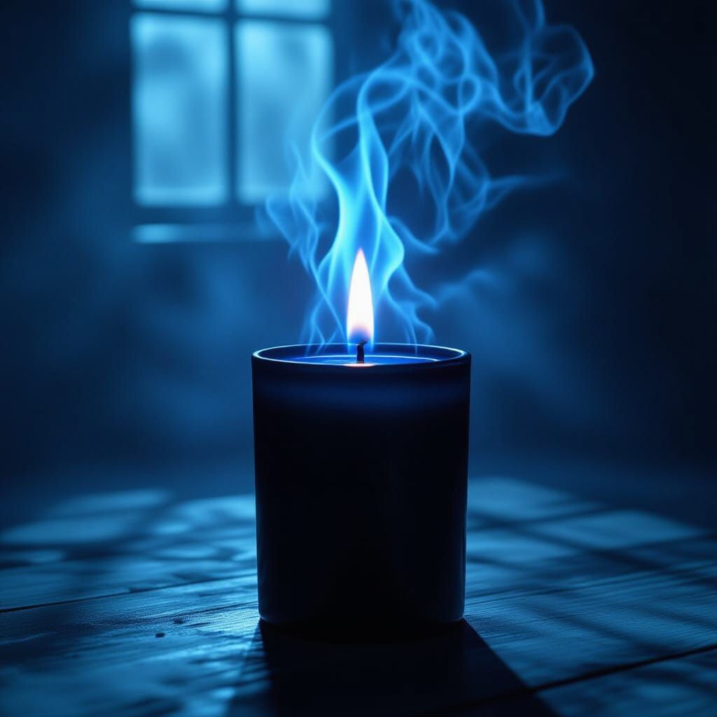 Black Candle with Blue Flame in Gloomy Room