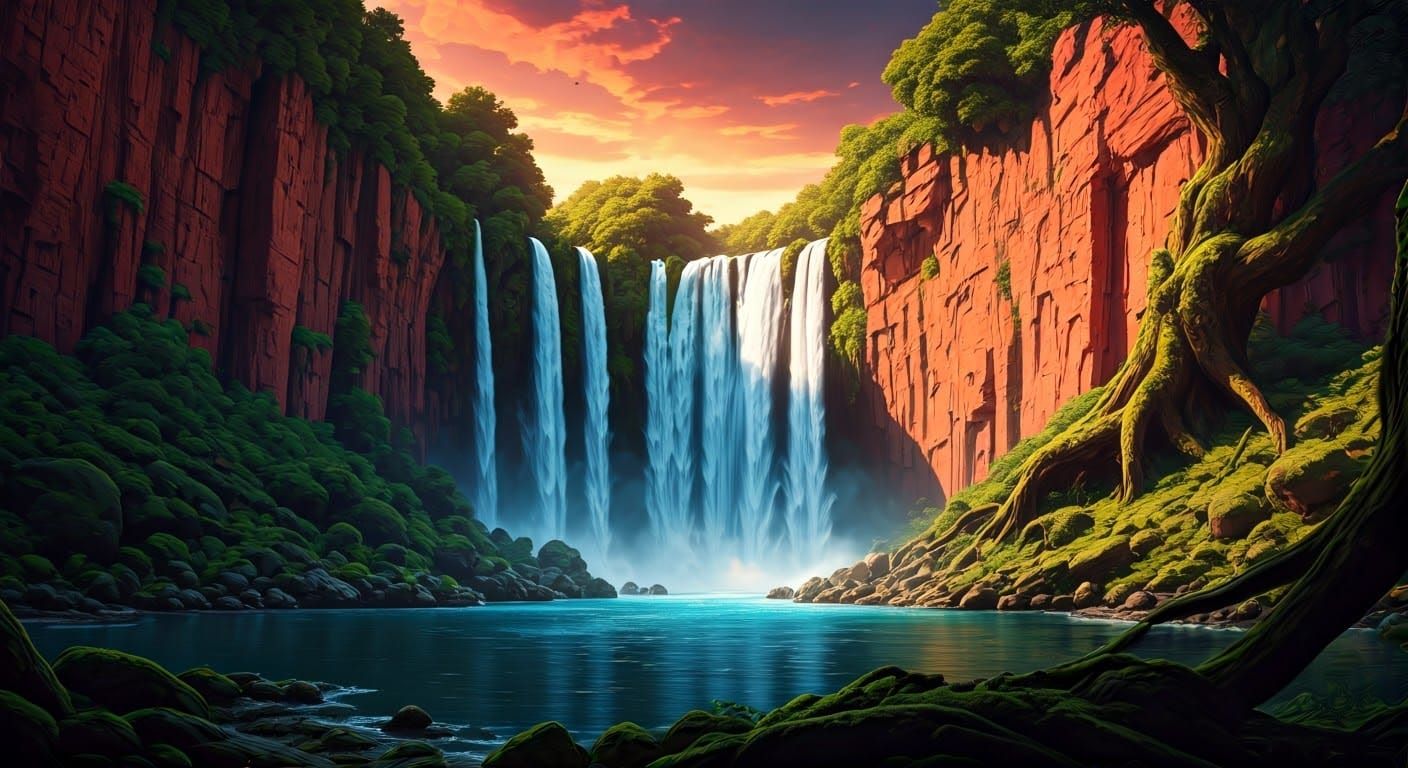 Majestic Waterfall Cascade at Sunset: Digital Painting
