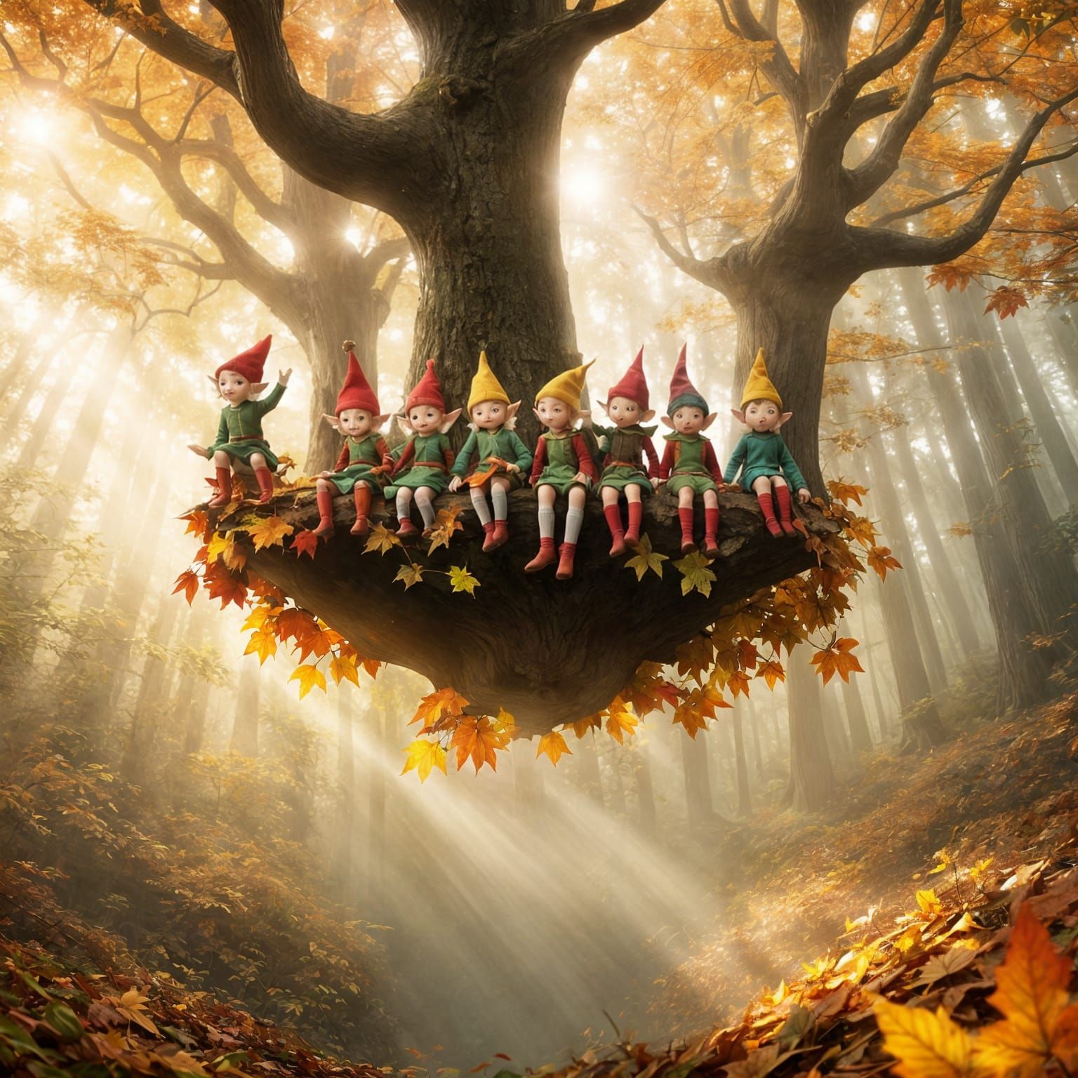 Elves in Forest Canopy Bathed in Light