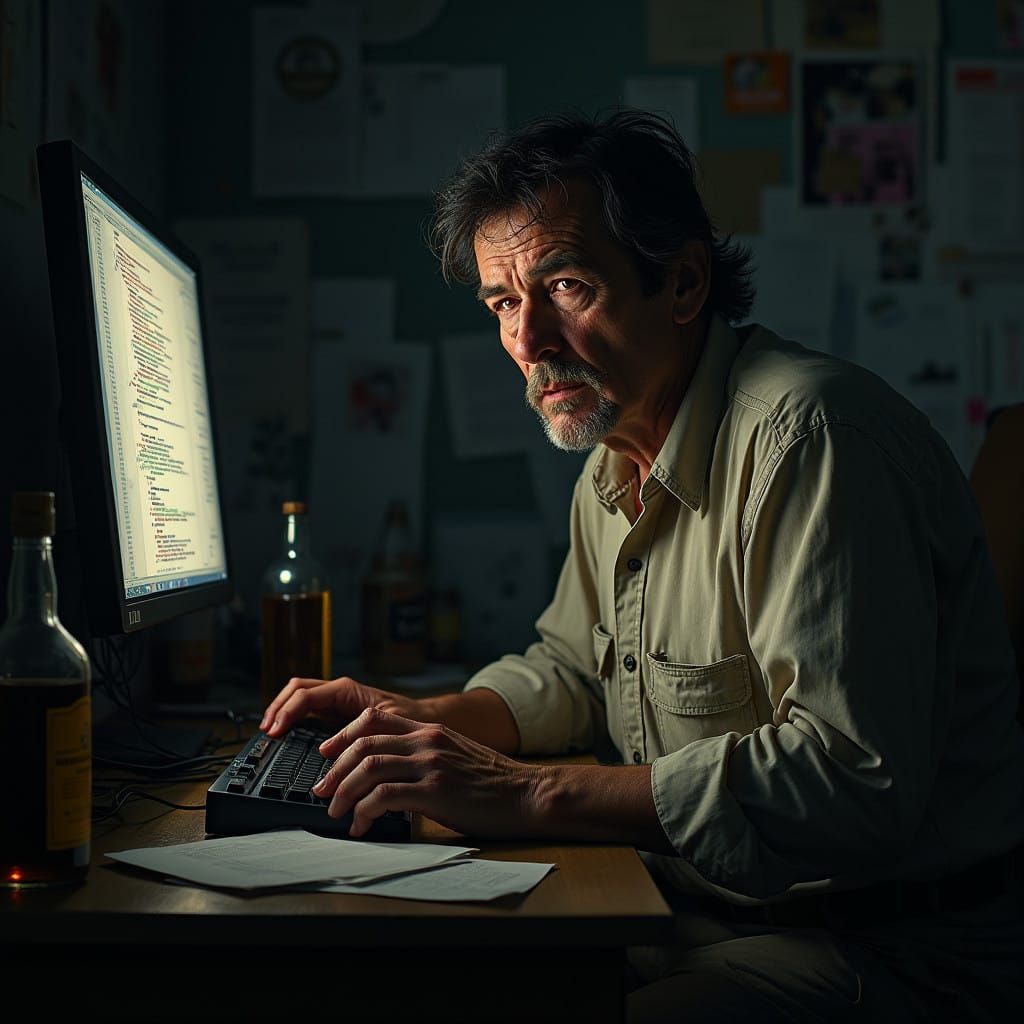 Tired Software Engineer in Gritty Home Office Scene