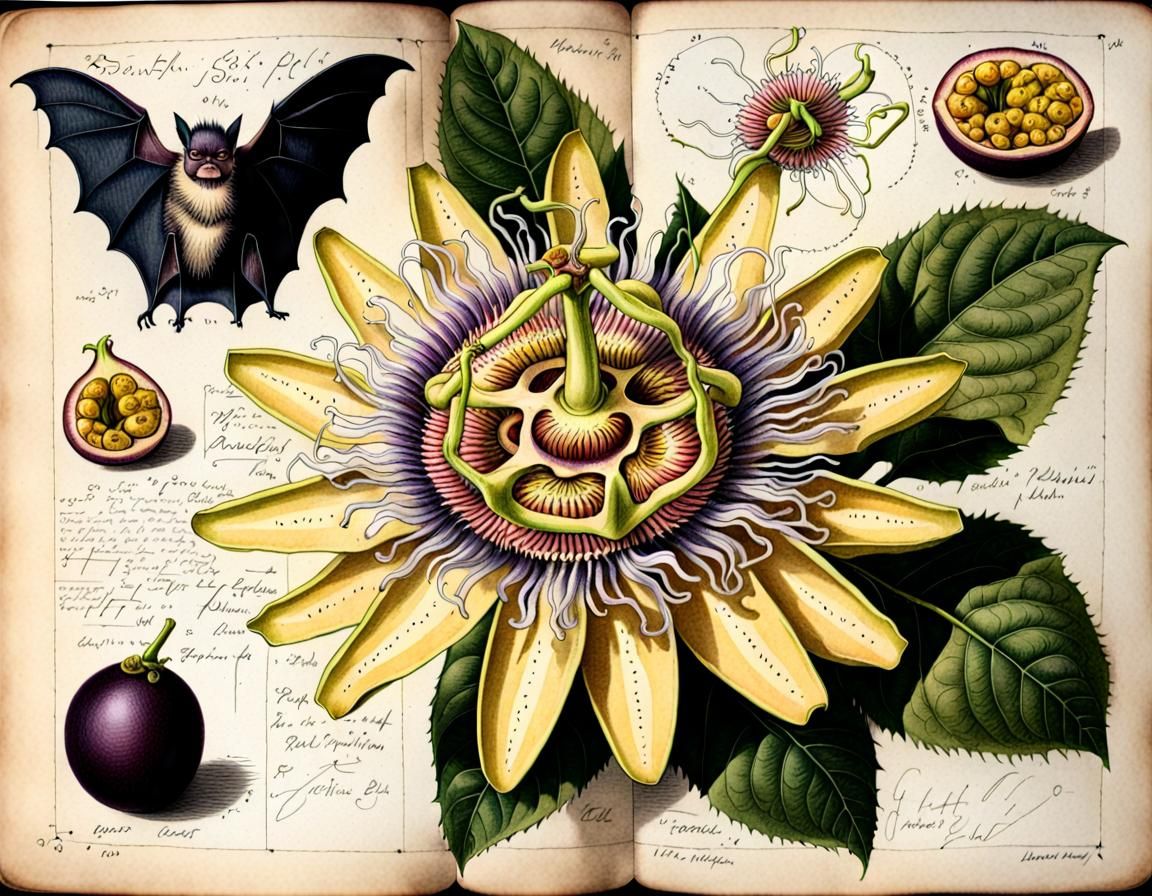 Passion Fruit Flower Botanical Ink Drawing