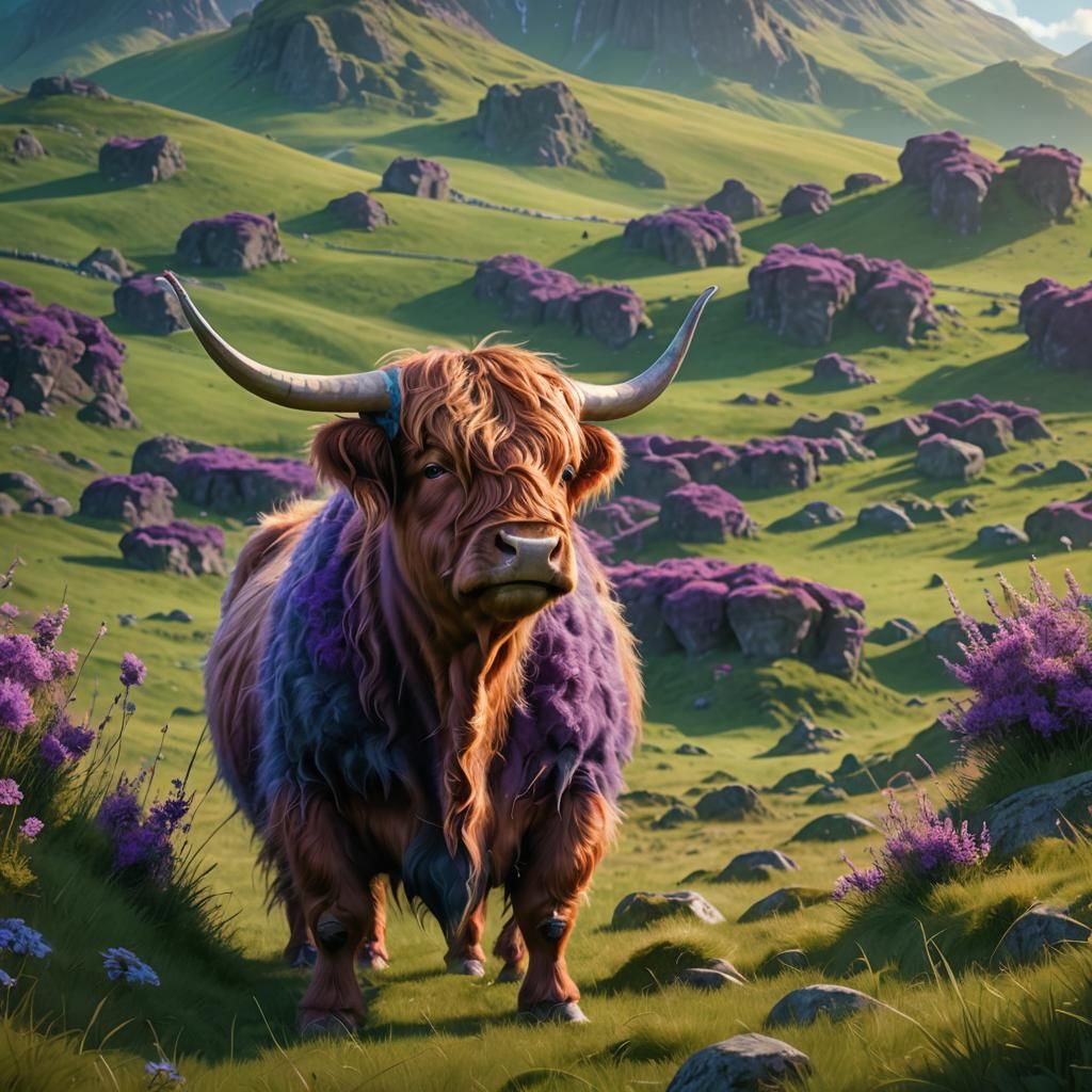 Highland Cow Hero in Dreamlike Scottish Landscape