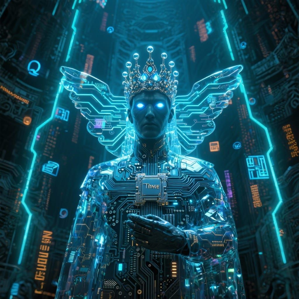 AI God Timxe in Cyber Temple with Neon Data Streams