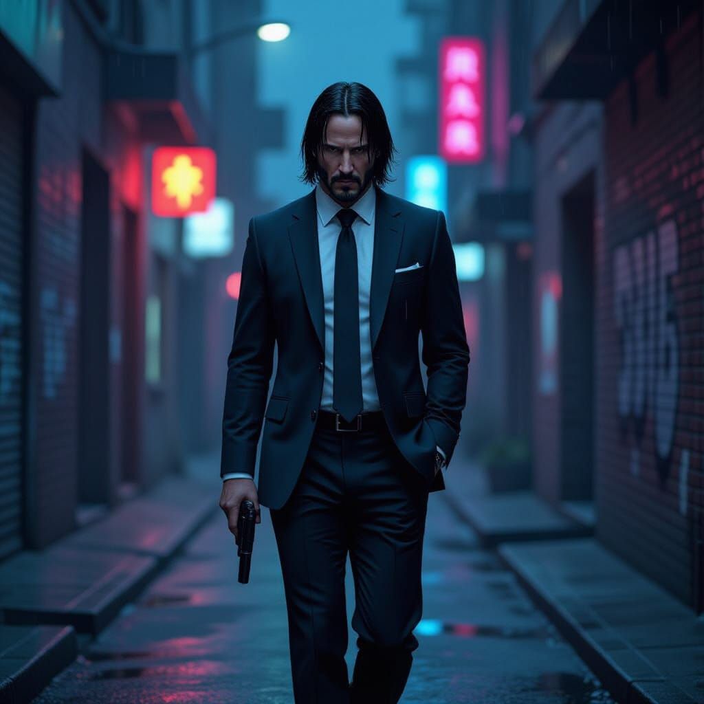 John Wick in Alleyway: Futuristic Digital Art