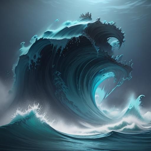 Colossal Wave Rises from Ocean Depths in Art Nouveau Style