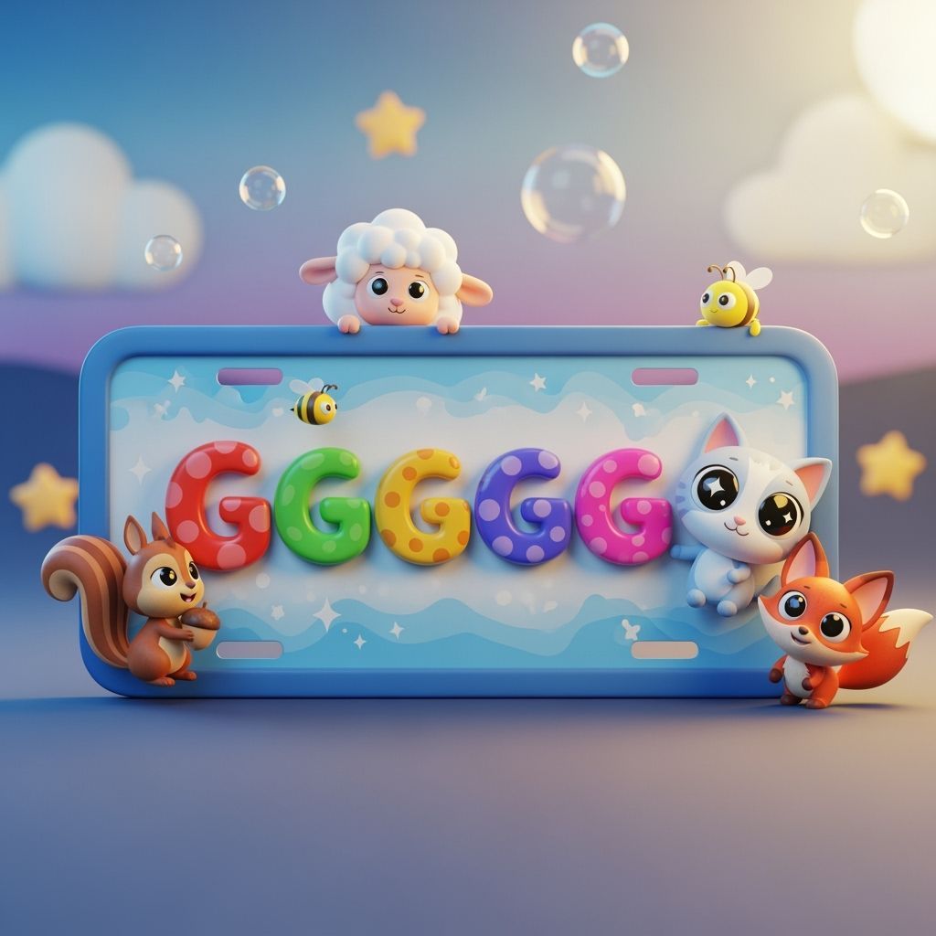 Cute Cartoon License Plate with 'GGGGG' and Animals in Pixar...