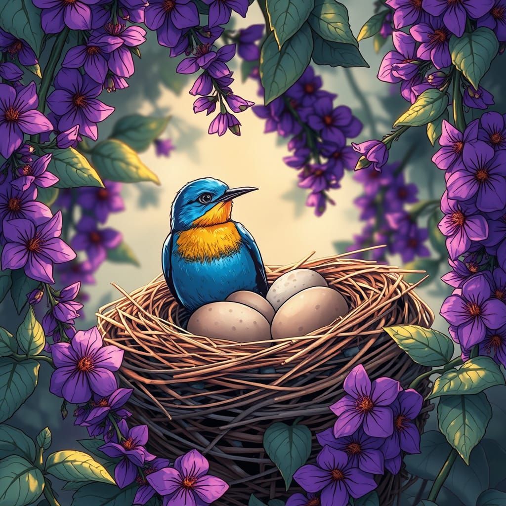 Bluebird Nest with Purple Flowers in Hyperrealistic Comic St...