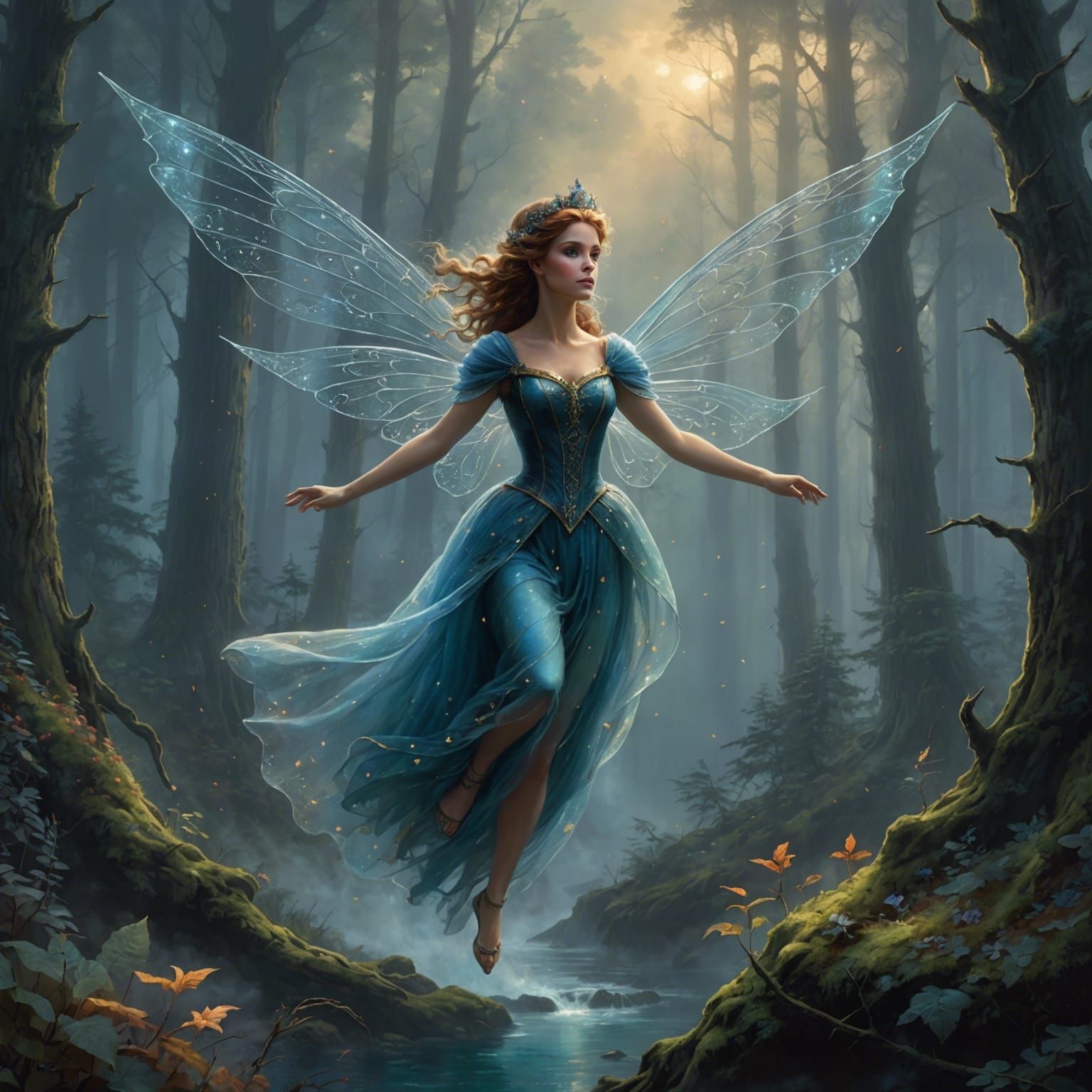 Fae Princess Flies Over Dark Forest
