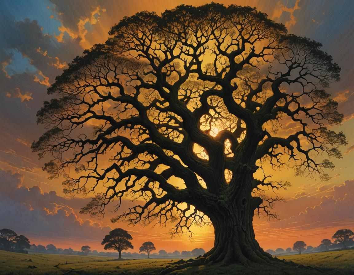 Oak Tree Sunset in Beksiński Vorticism Style