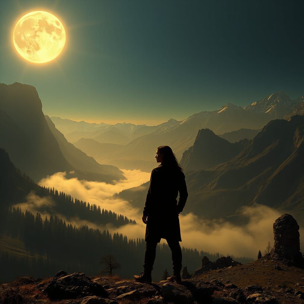 Man in Valley Under Full Moon