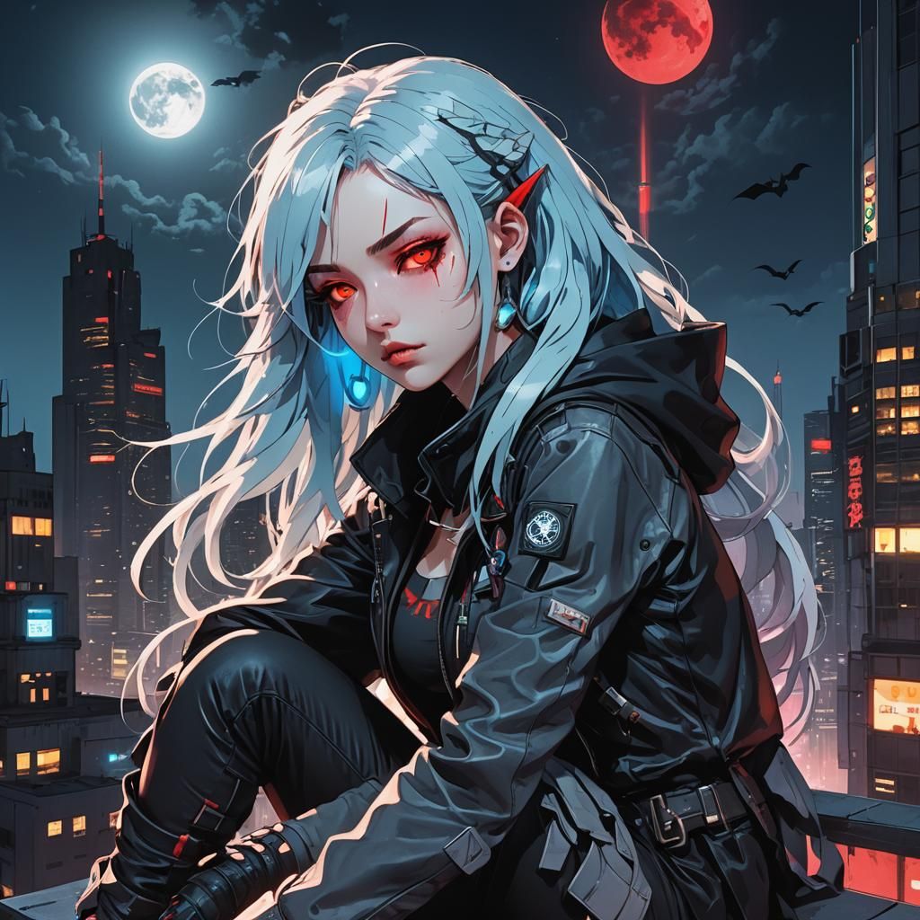 Cyberpunk Assassin Gazing at Moonlit Tokyo