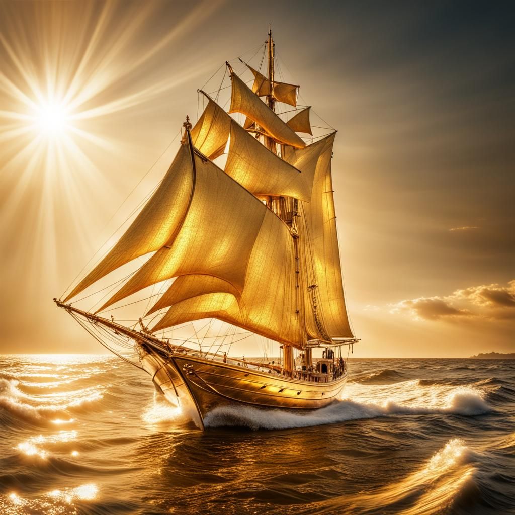 Golden Boat on Golden Waves in Bright Sunshine