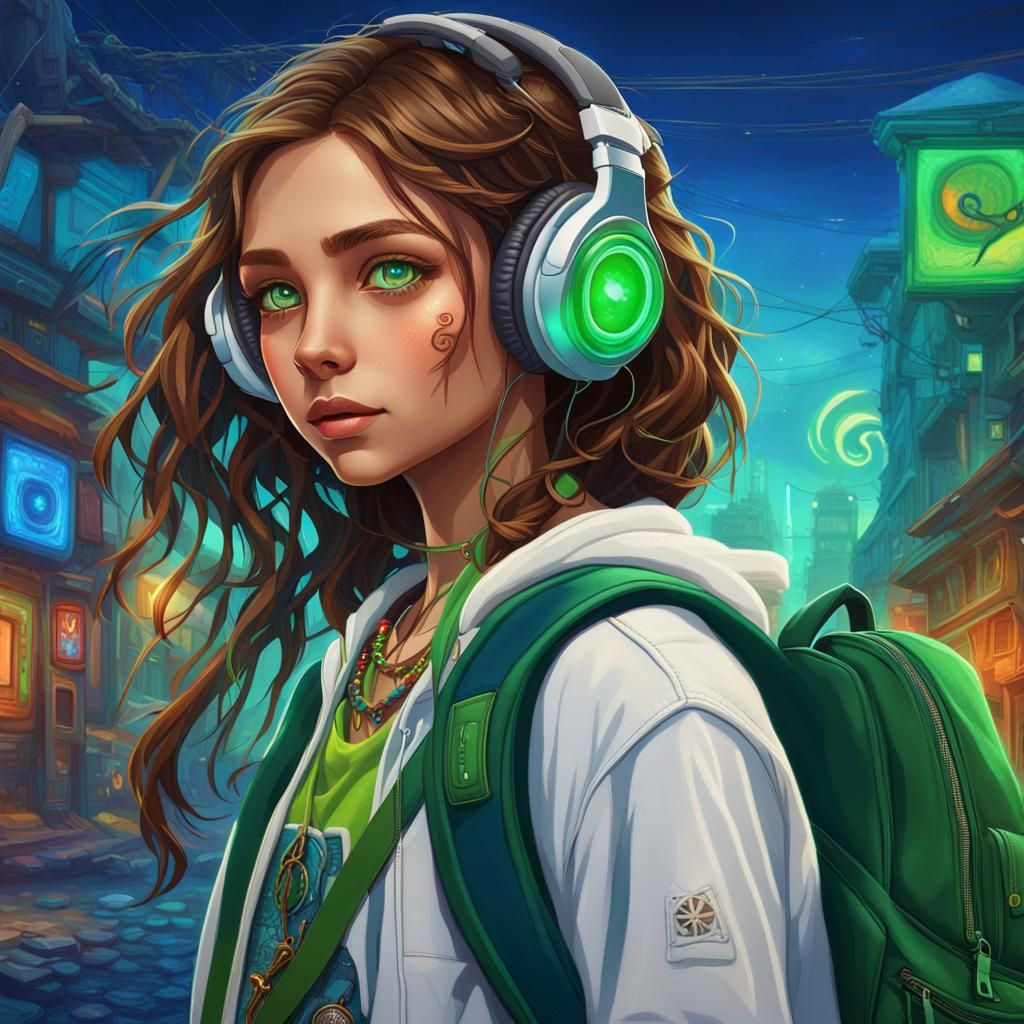 Fantasy Portrait of Girl with Green Eyes as Digital Art