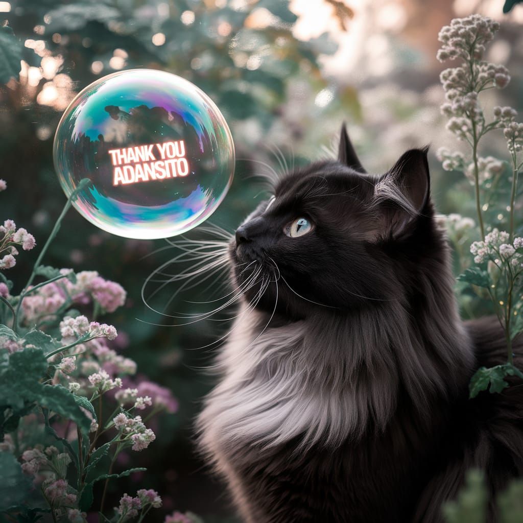 Whimsical Black Cat Contemplates Radiant Bubble in Enchanted...