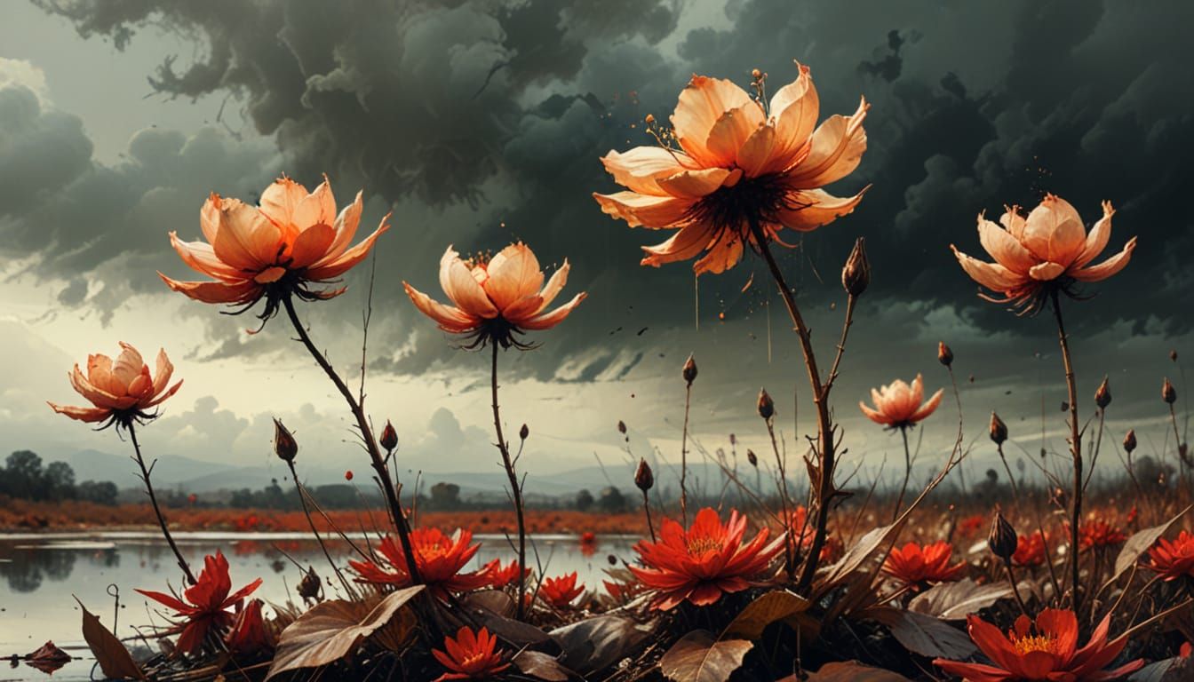 Stunning Fox Amidst Poppy Lake Flowers in Golden Glass Art