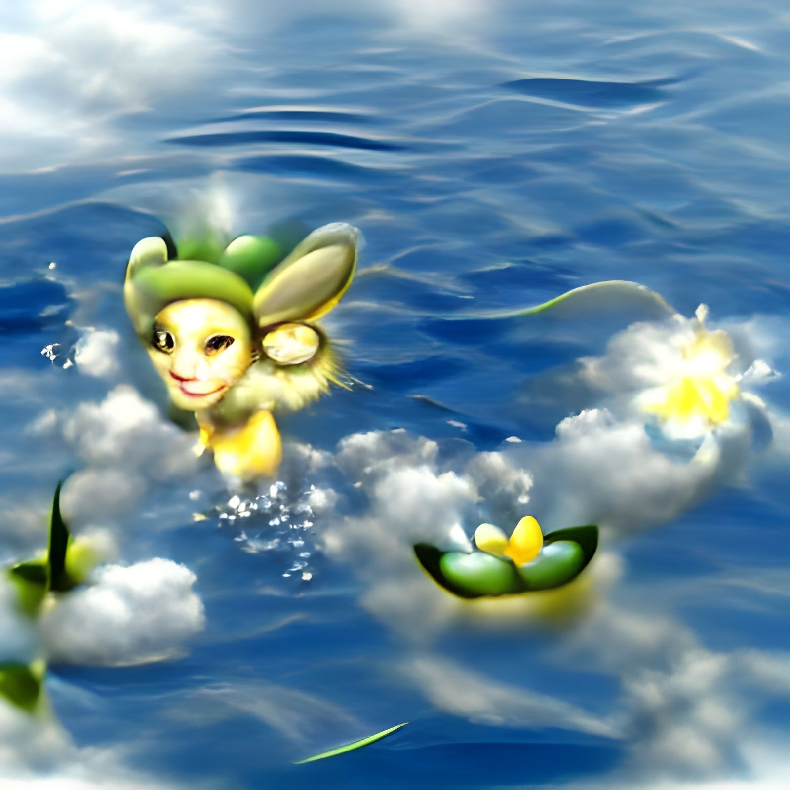 Female Navi Floating in Water with Air Creatures