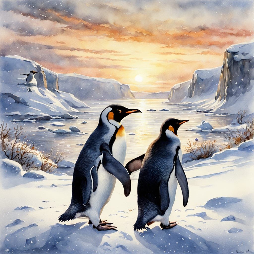 Penguins Celebrating Christmas in Snowy Sunset Watercolor
