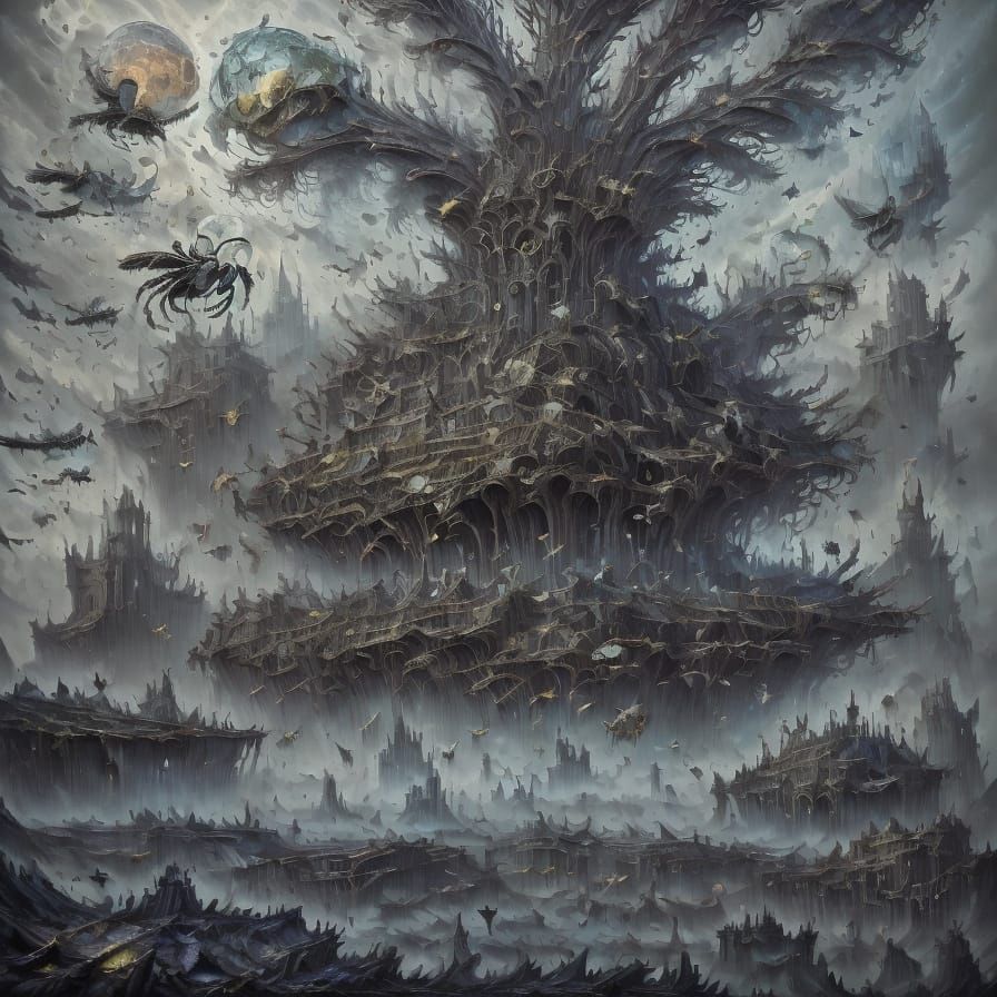 Dark Cityscape in Mysterious, Maximalist Style