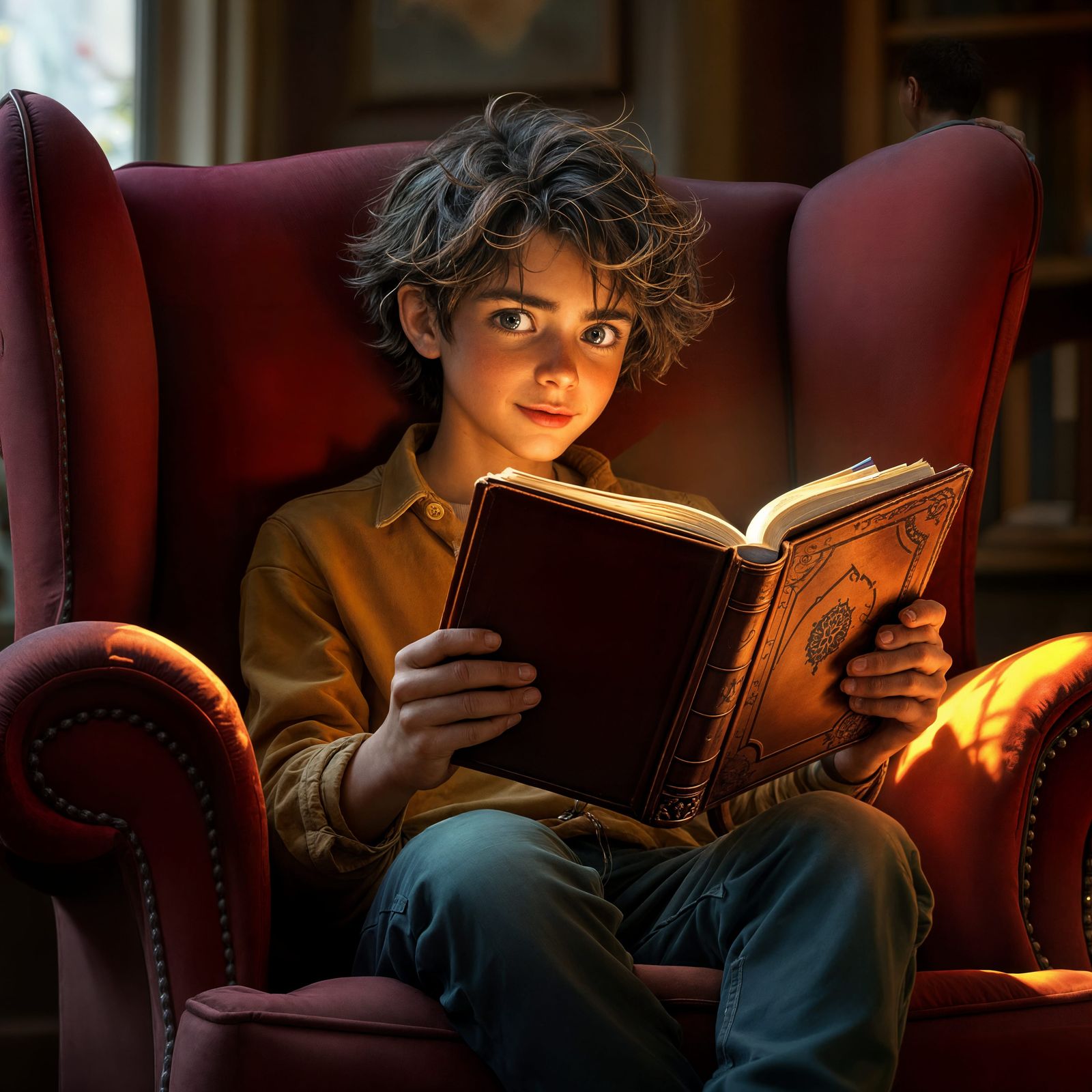 vibrant colors realistic skin a boy sits in an oversized wingback chair reading