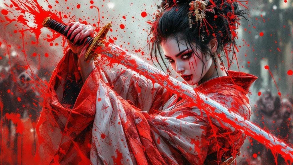 Geisha vs Zombies: A Pointillist Bloodbath
