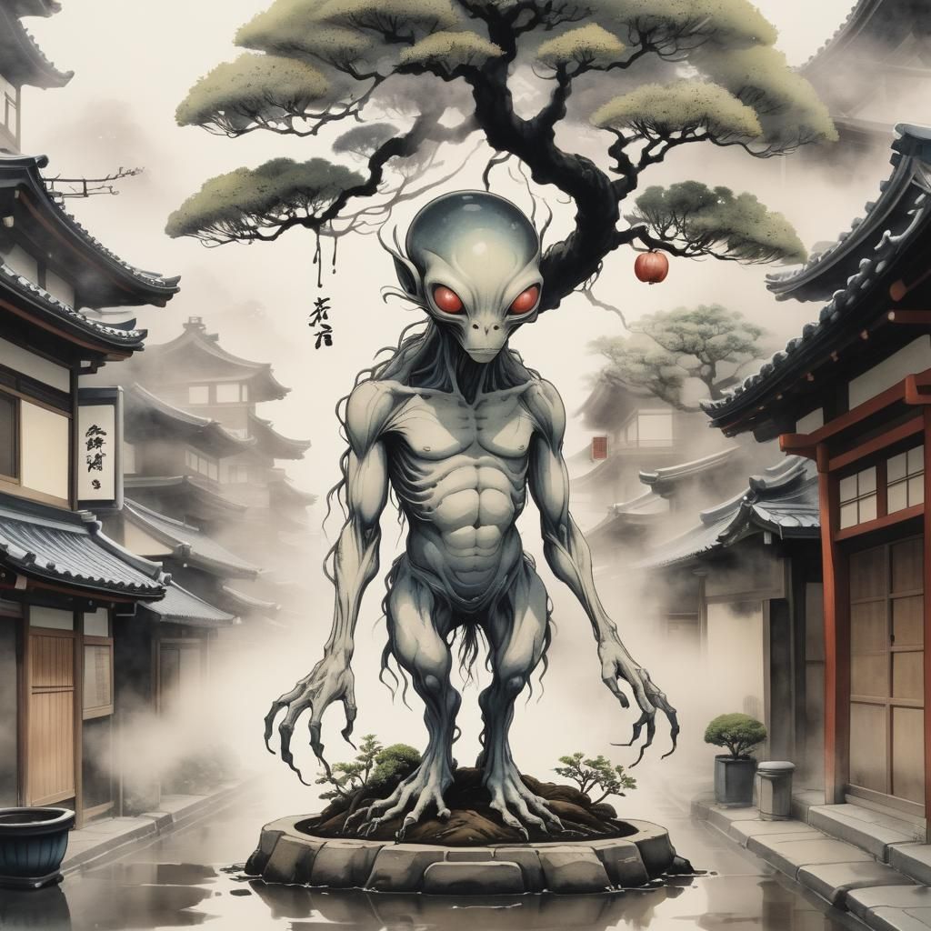 Alien with Bonsai Tree in Ukiyo-e Style