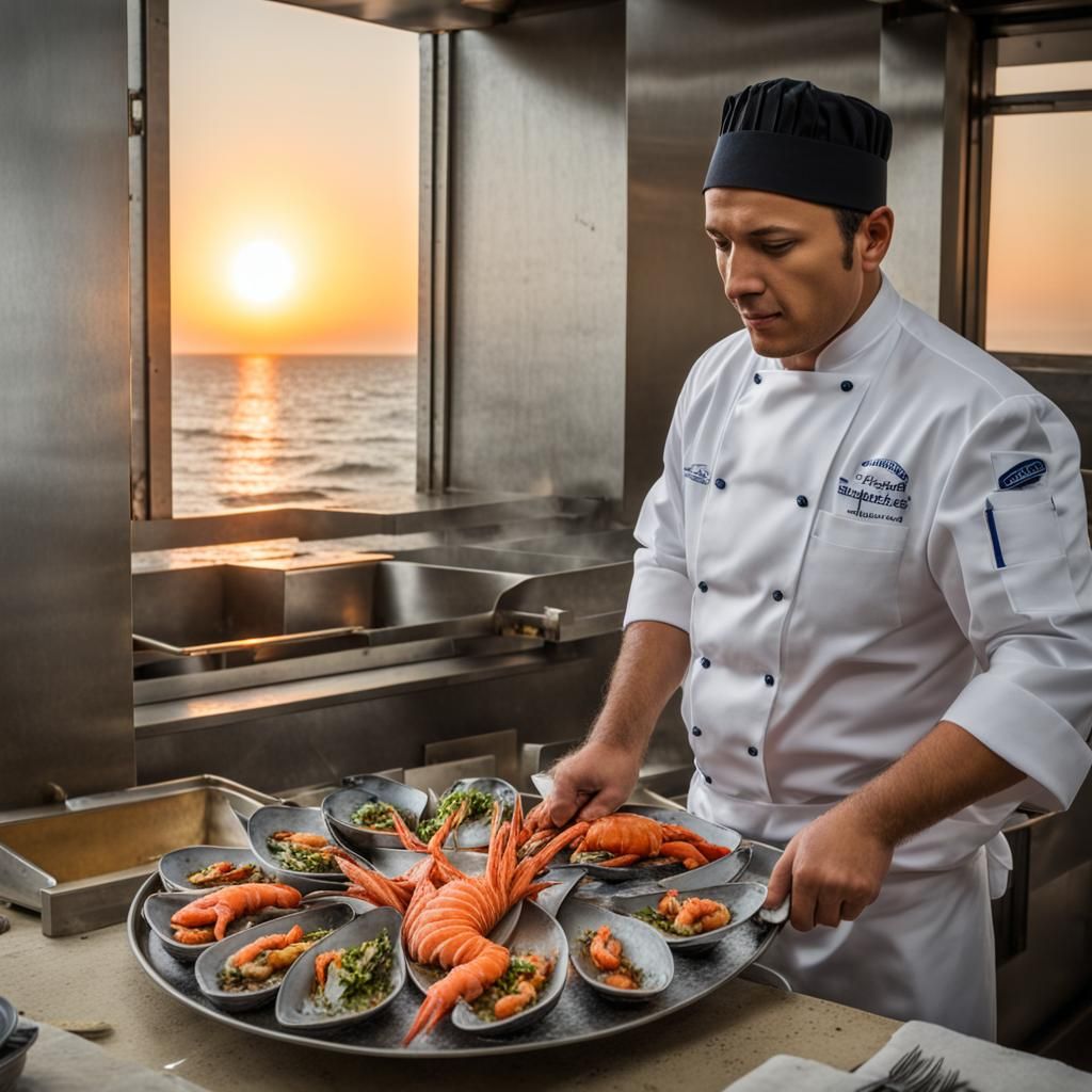 A chef cook preparing a tray of seefood