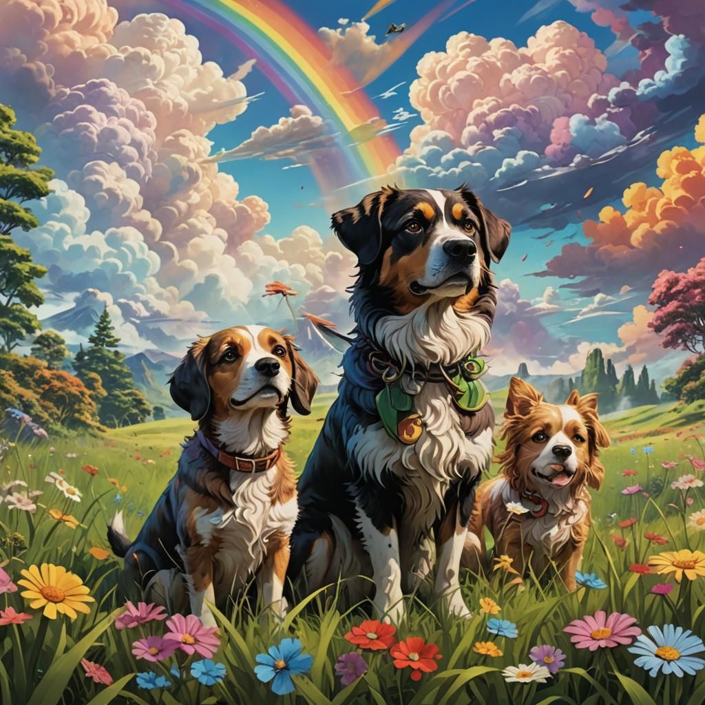 Dogs in a Field with Rainbow Clouds
