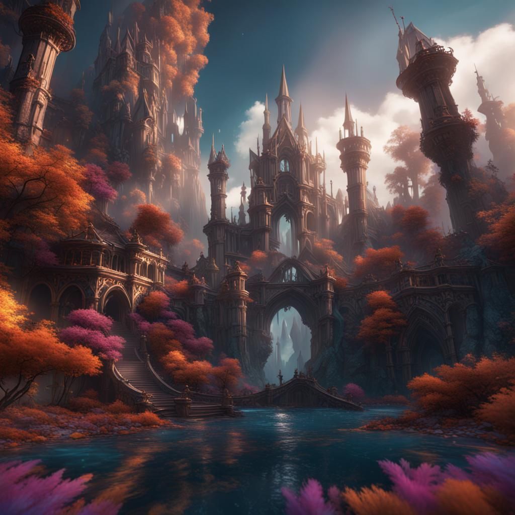 Fantastical Dreamscape: Detailed Matte Painting in Deep Colo...